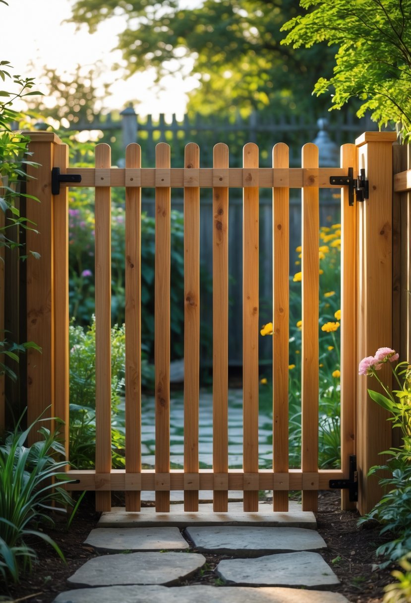 A wooden garden gate with vertical slats stained in natural colors, surrounded by green plants and a stone pathway.
