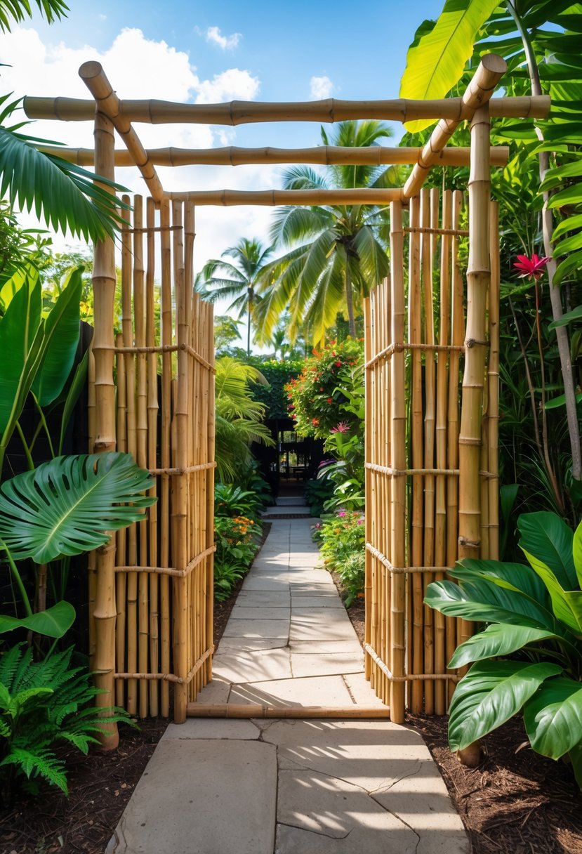 A bamboo garden gate surrounded by tropical plants and trees with a garden path visible behind it.