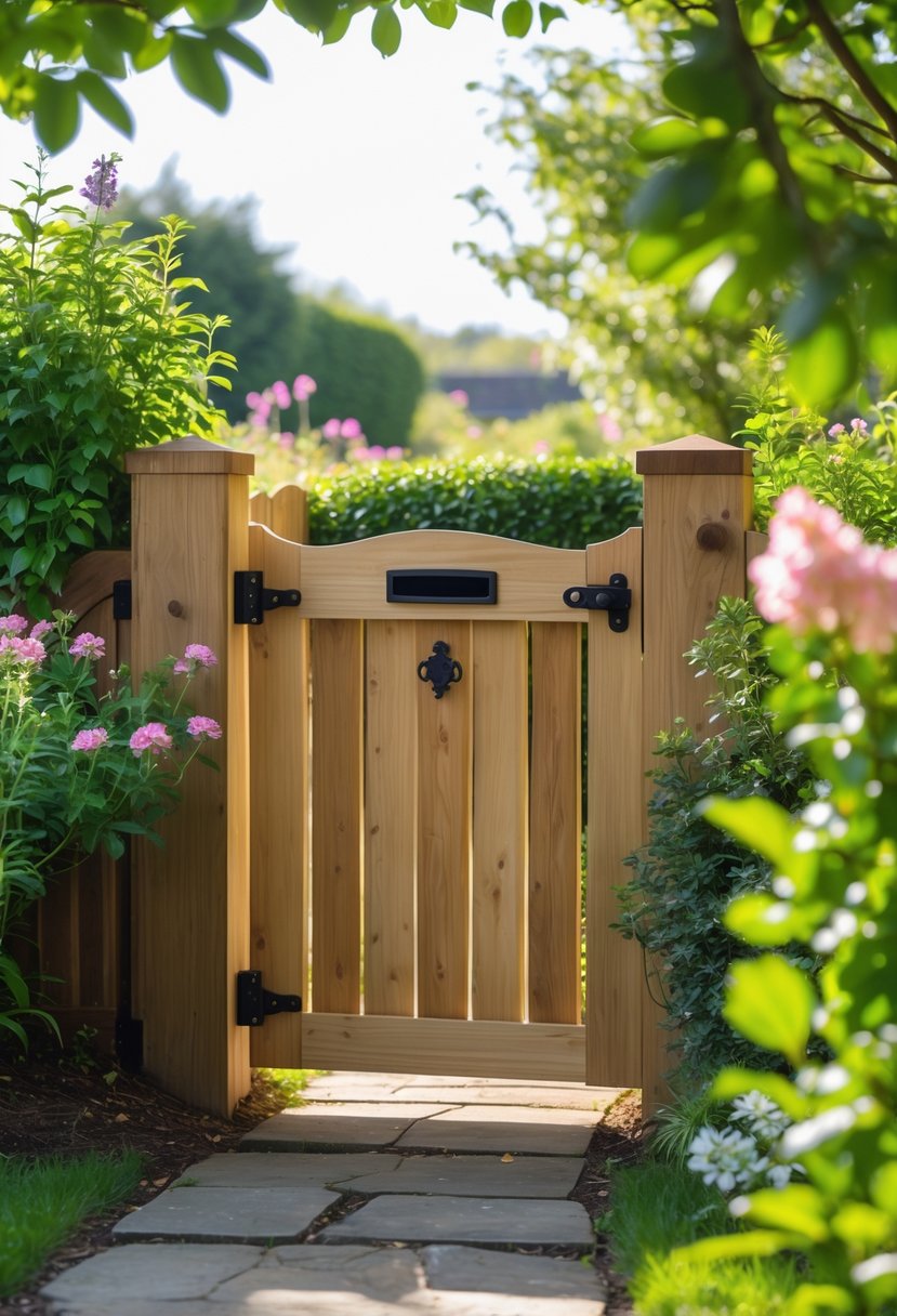 A wooden garden gate with a built-in mailbox slot surrounded by green plants and flowers.