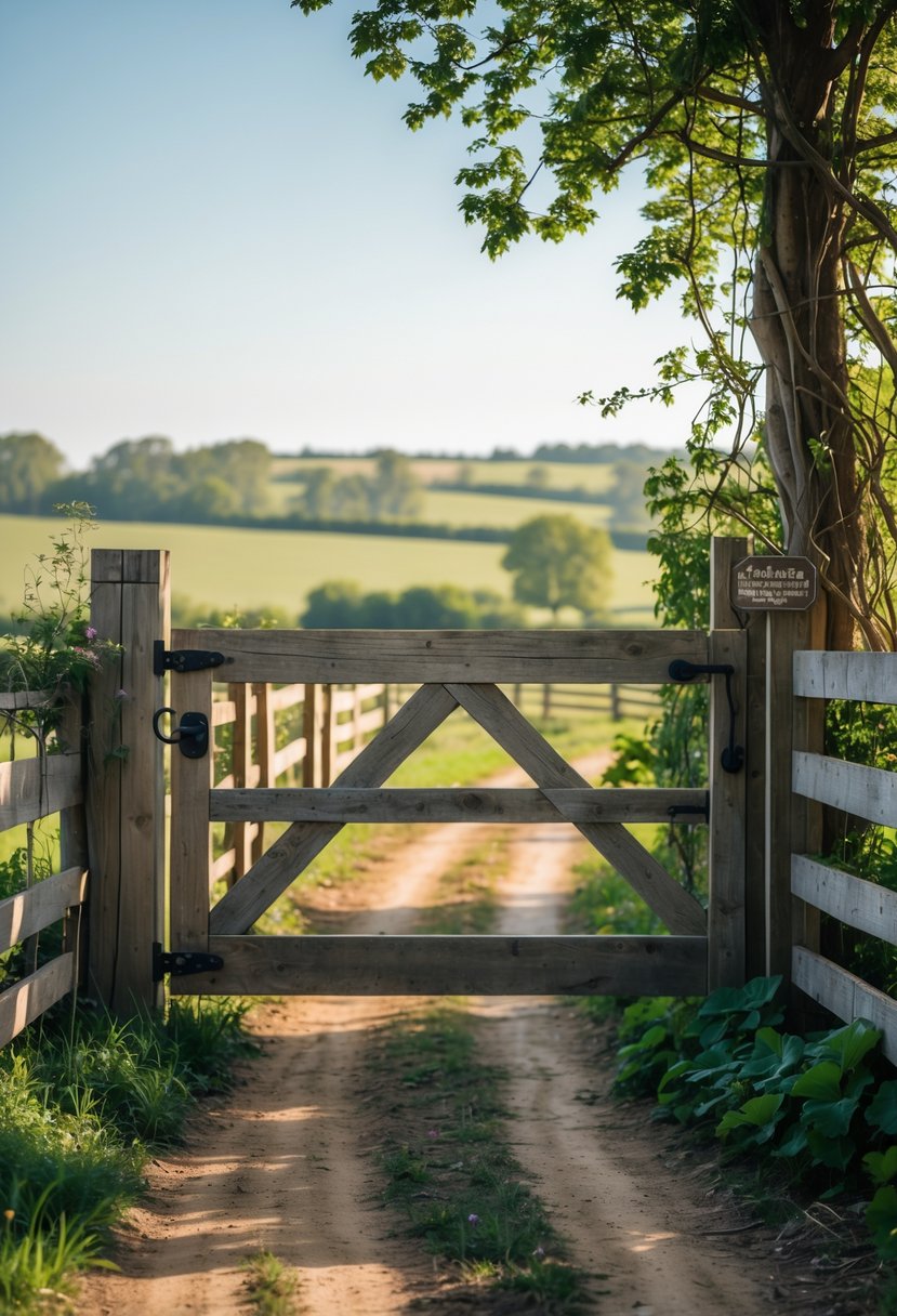 A wooden half-gate at the entrance of a rustic farm surrounded by greenery and fields.
