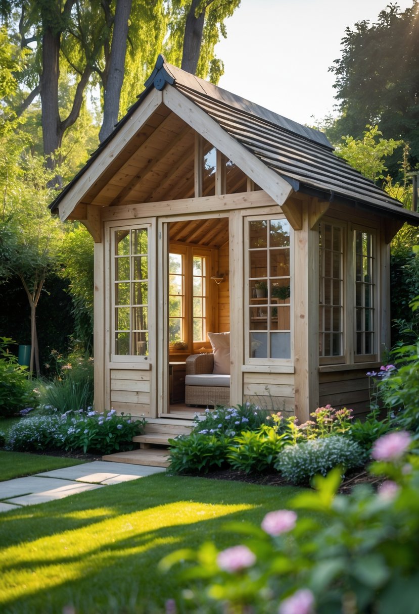 A rustic wooden garden house surrounded by flowering plants and greenery in a sunny garden.