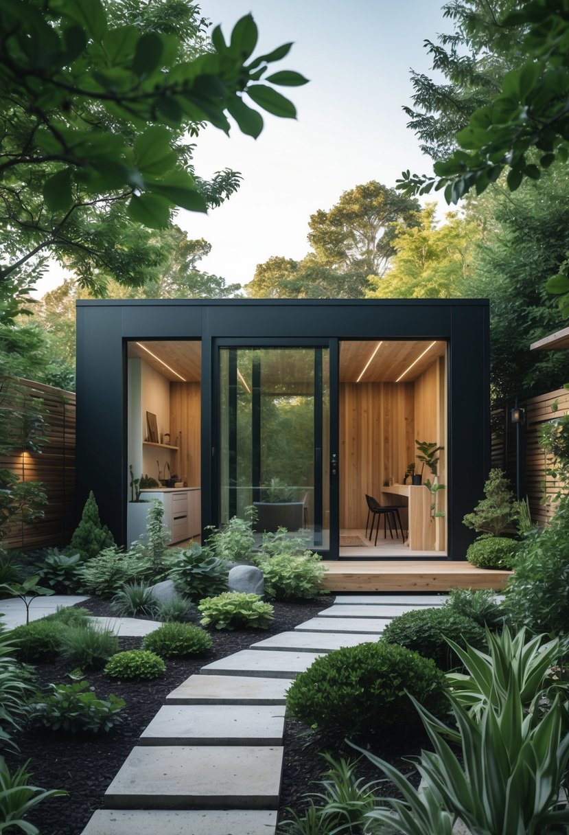A garden studio surrounded by plants and trees with large windows and a stone pathway.