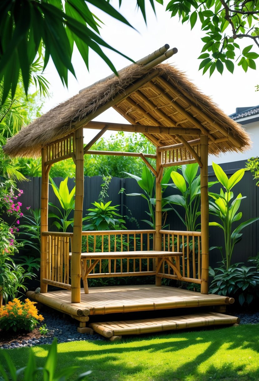 A bamboo garden shelter surrounded by green plants and flowers in a sunny garden.