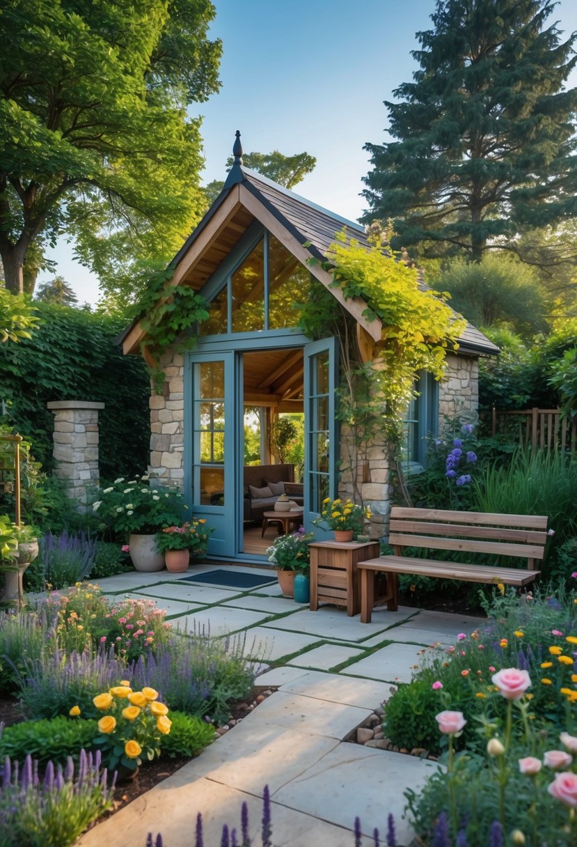 A small garden house surrounded by green plants, colorful flowers, and a stone pathway under a clear blue sky.