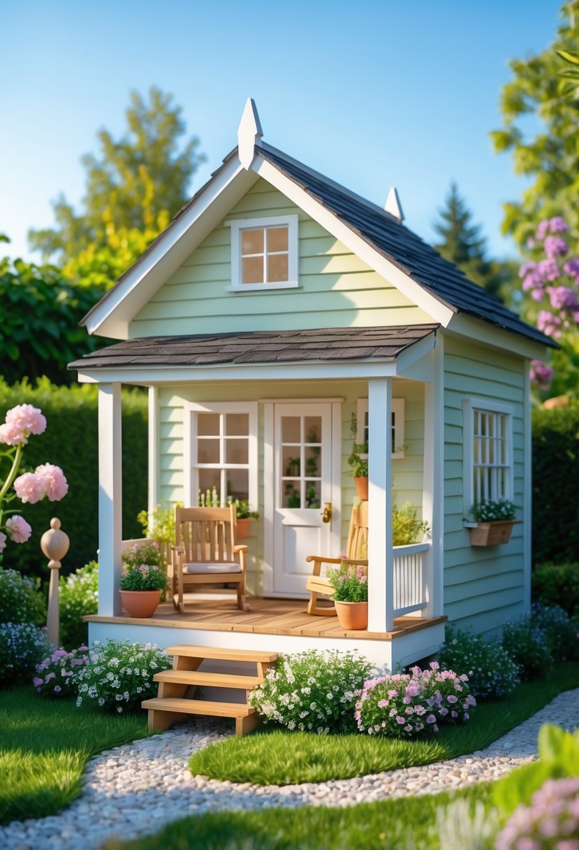 A small garden house with a miniature porch surrounded by flowers and greenery in a sunny garden.