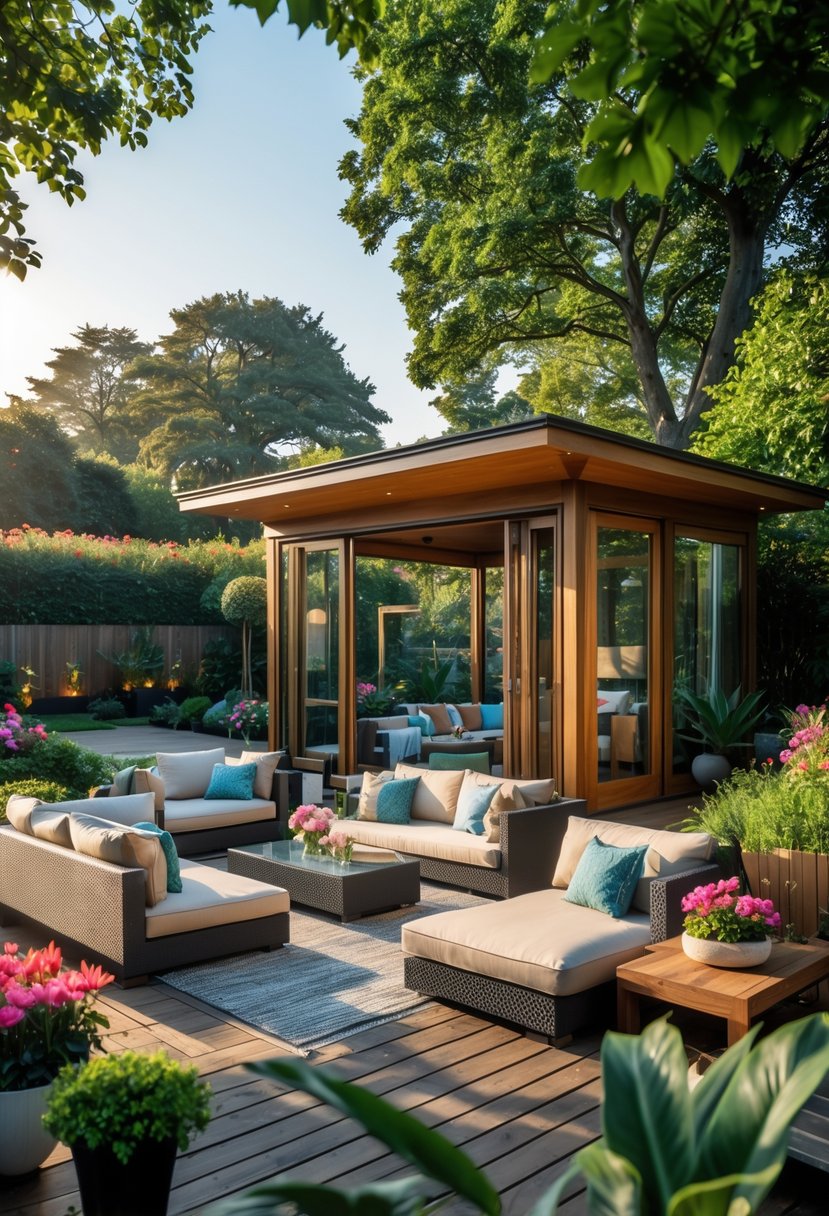 A luxury garden house with a lounge area surrounded by greenery and outdoor furniture on a wooden deck.
