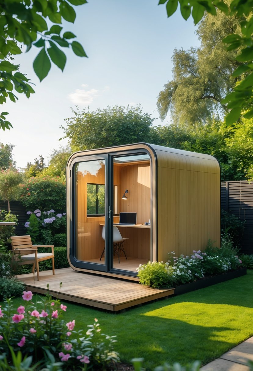 A compact garden office pod with large windows surrounded by green plants and a small wooden deck in a garden.