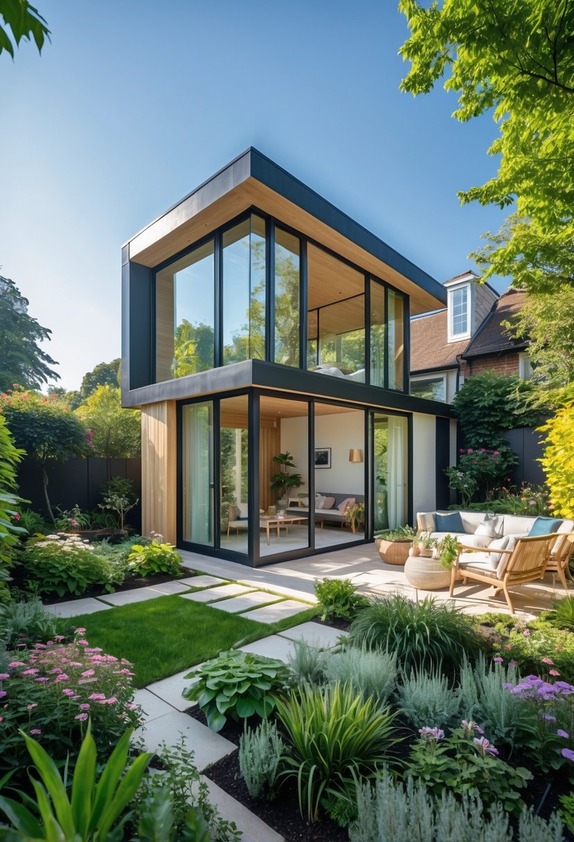A modern garden house with large floor-to-ceiling windows surrounded by green plants and flowers.