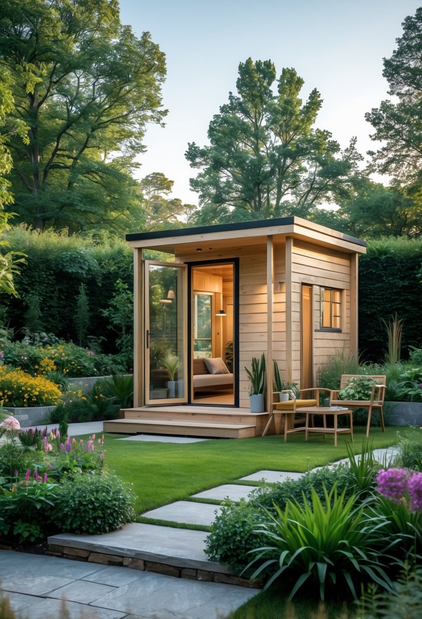 A small wooden cabin surrounded by green plants and flowers in a peaceful garden setting with outdoor seating and a stone pathway.