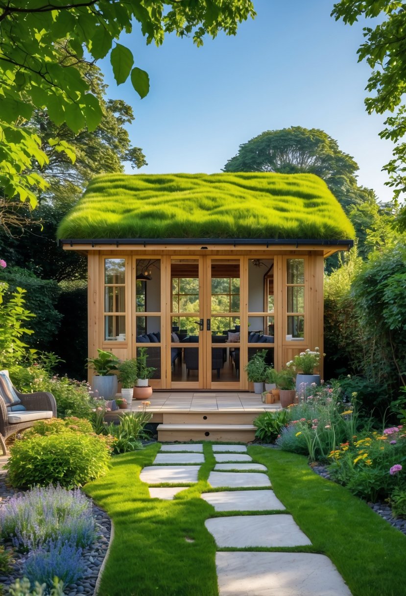 A garden house with a green roof surrounded by colorful flowers and trees on a sunny day.