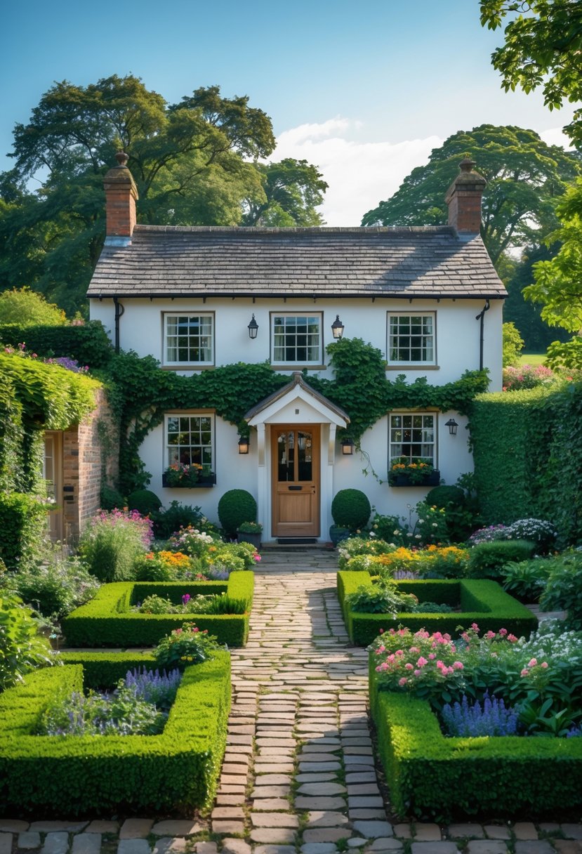 A charming garden house surrounded by colorful flowers, greenery, and a cobblestone path under a clear blue sky.