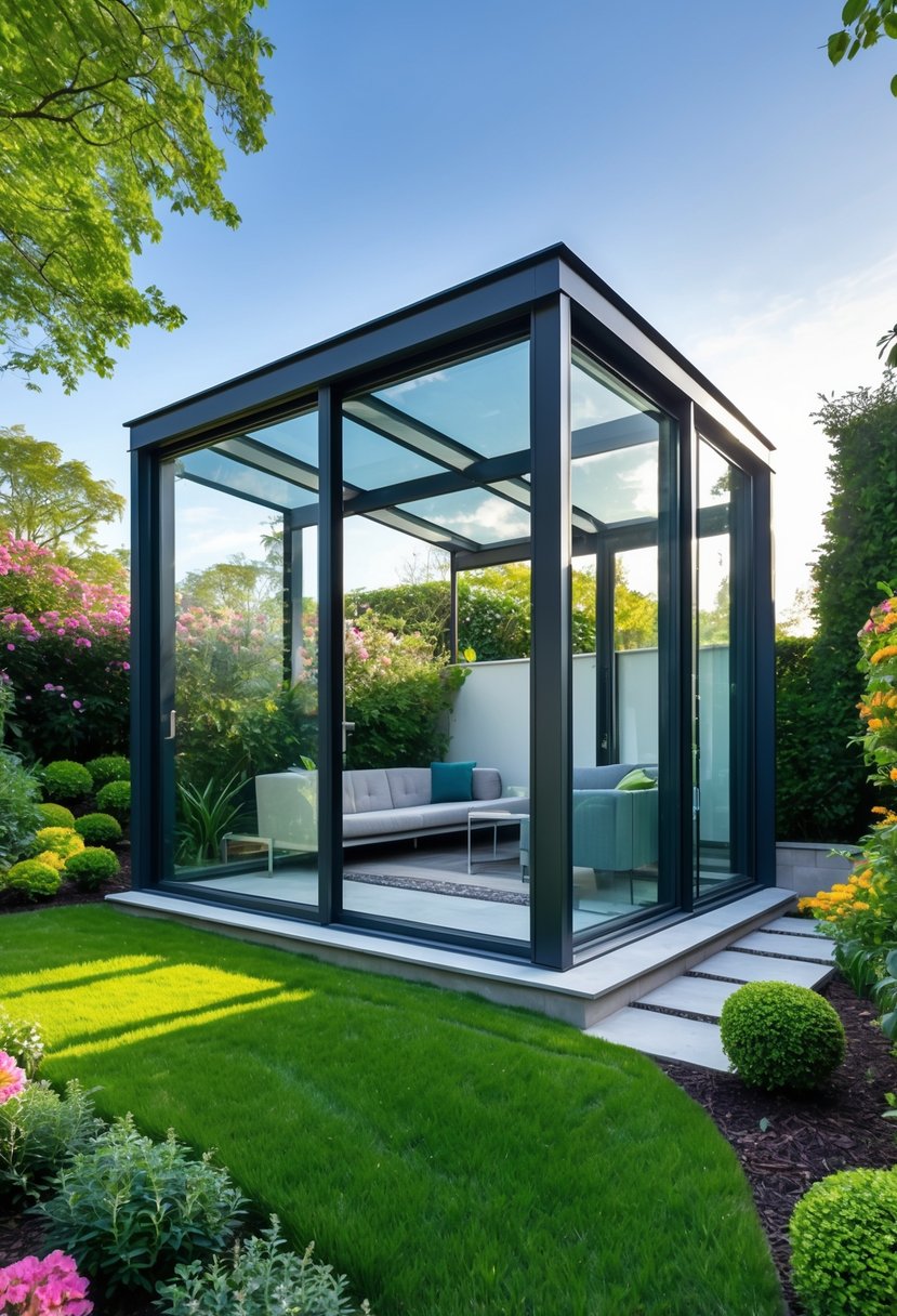 A modern glass and steel garden room surrounded by green grass and flowering plants in a sunny garden.