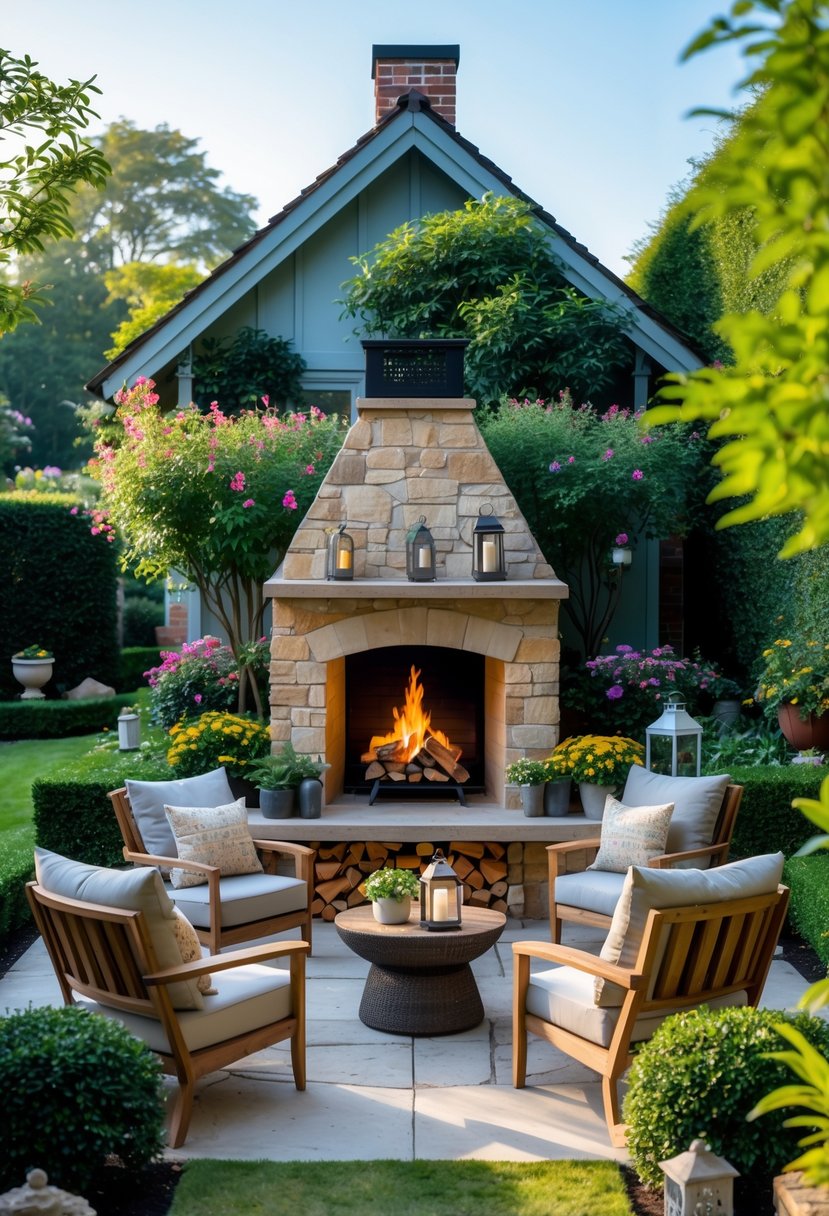 A garden house with an outdoor stone fireplace surrounded by plants and outdoor seating.