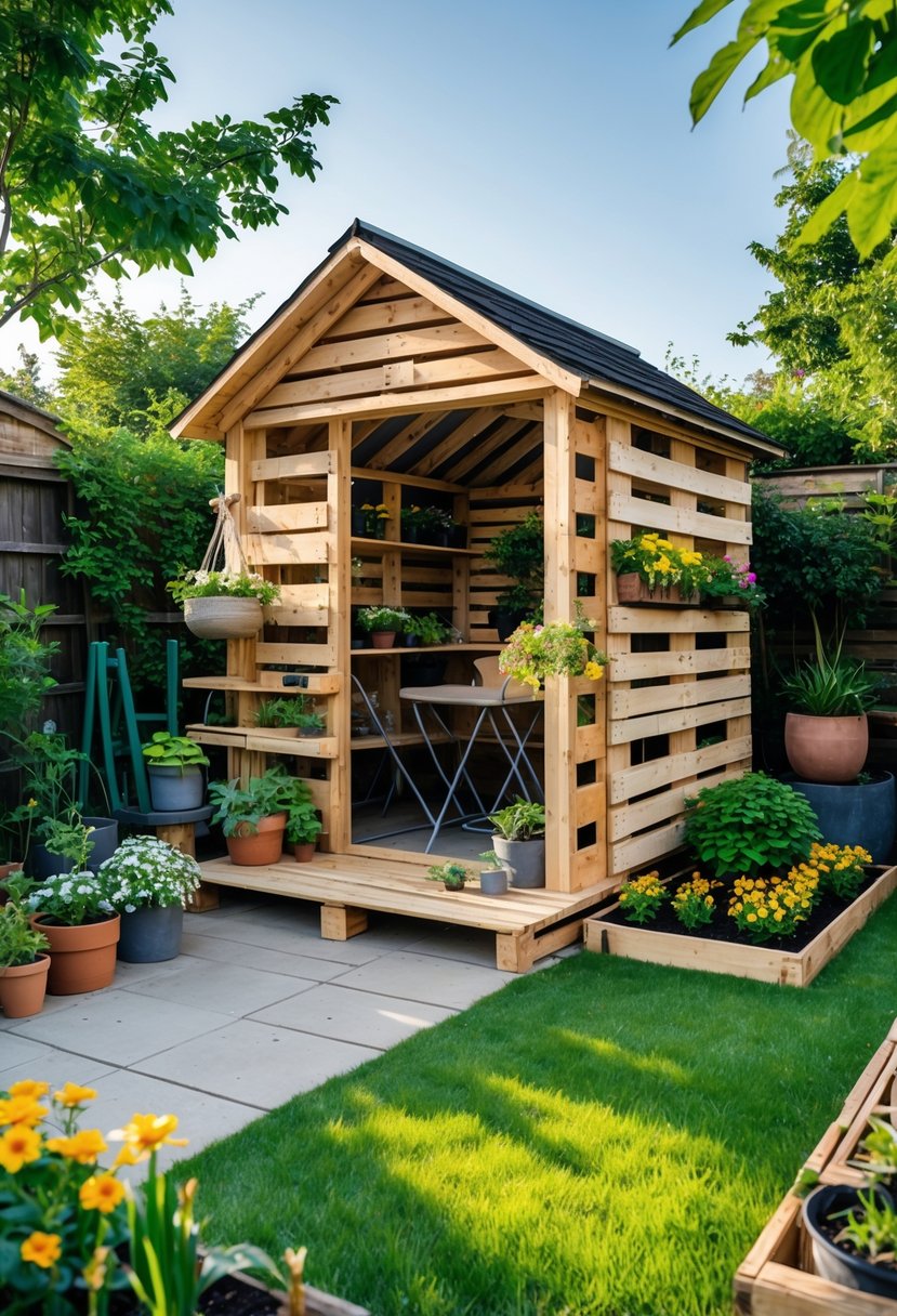 A wooden pallet garden house surrounded by green plants and flowers in a backyard garden.