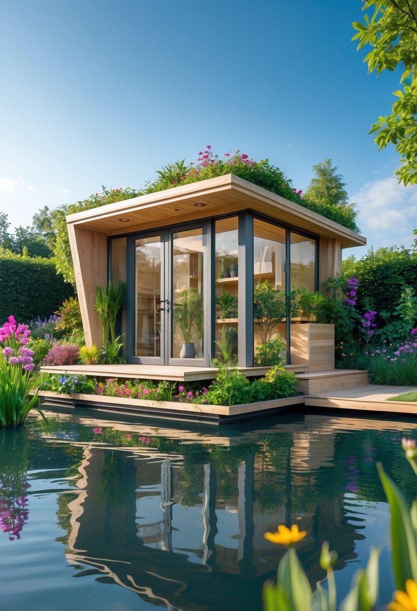 A floating garden house on a calm pond surrounded by plants and flowers.