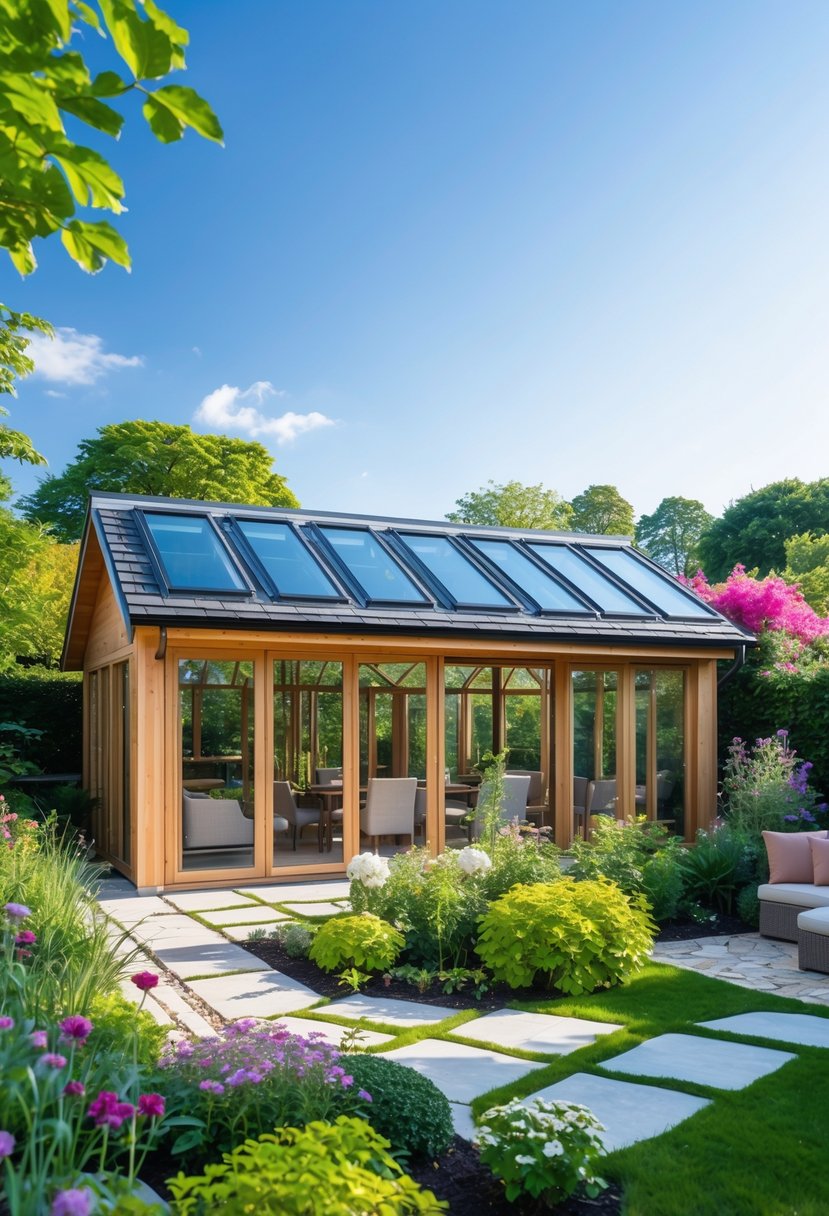 A garden house with skylights surrounded by lush plants and flowers on a sunny day.
