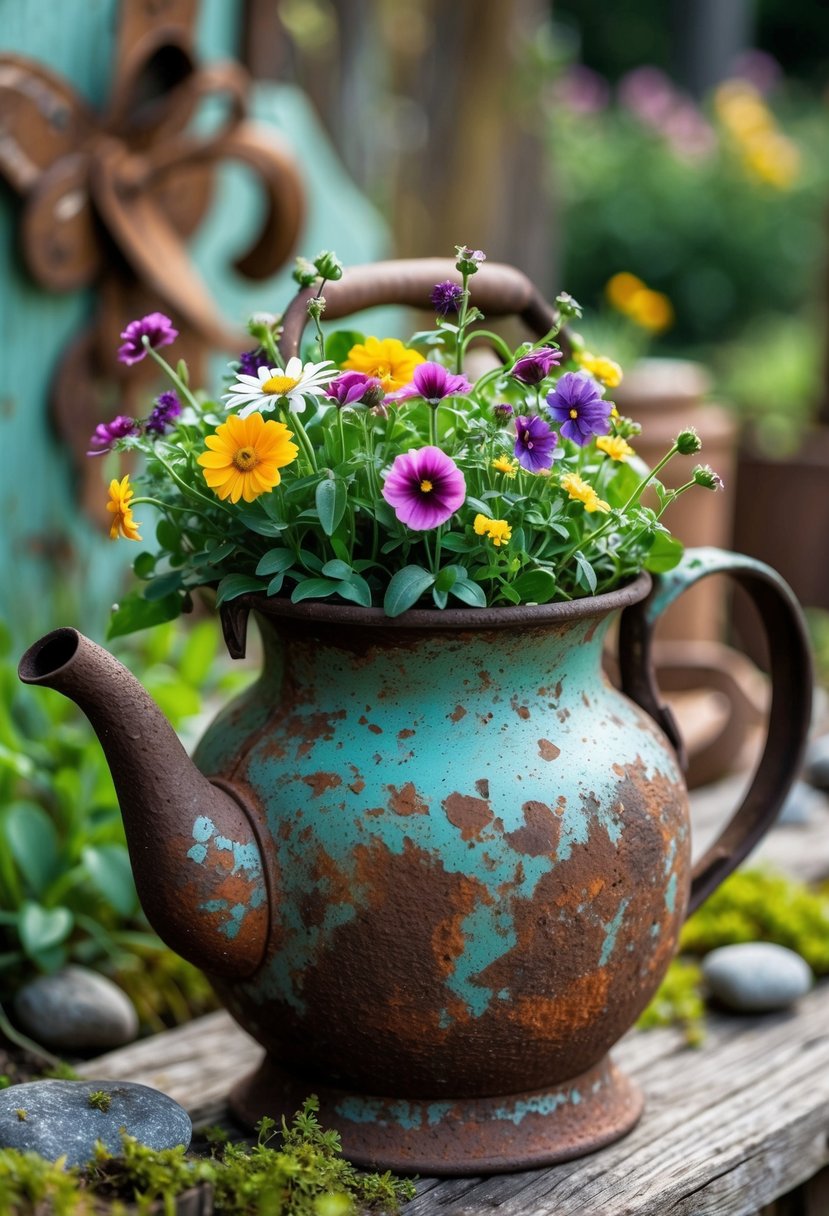 A rusty metal teapot used as a flower planter with colorful flowers, set outdoors on a wooden surface surrounded by garden elements.