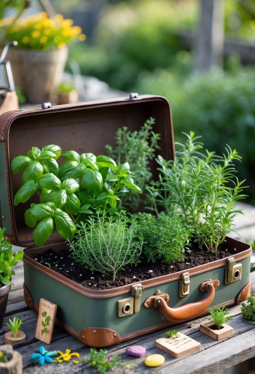 An old suitcase filled with soil and growing various green herbs, surrounded by small gardening tools and decorative garden items on a wooden surface outdoors.
