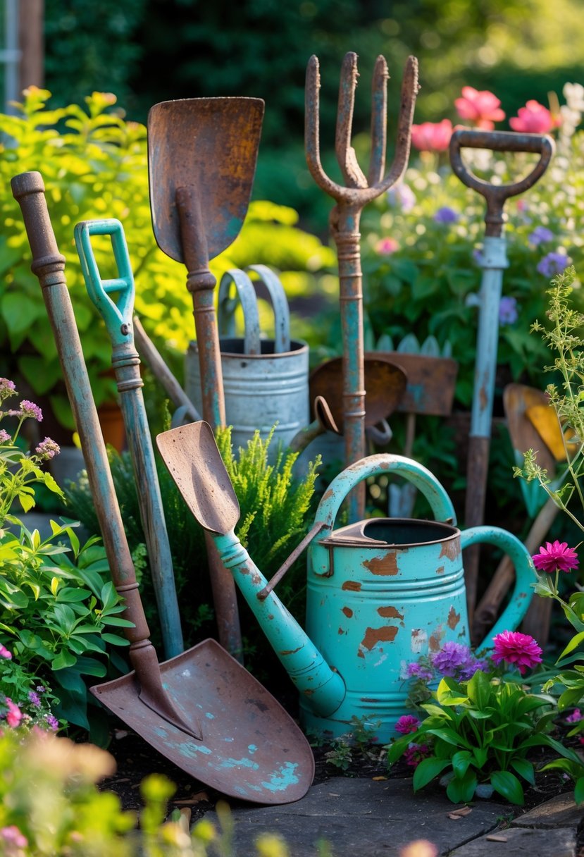 A garden with old worn-out tools creatively arranged as decorative sculptures among green plants and colorful flowers.