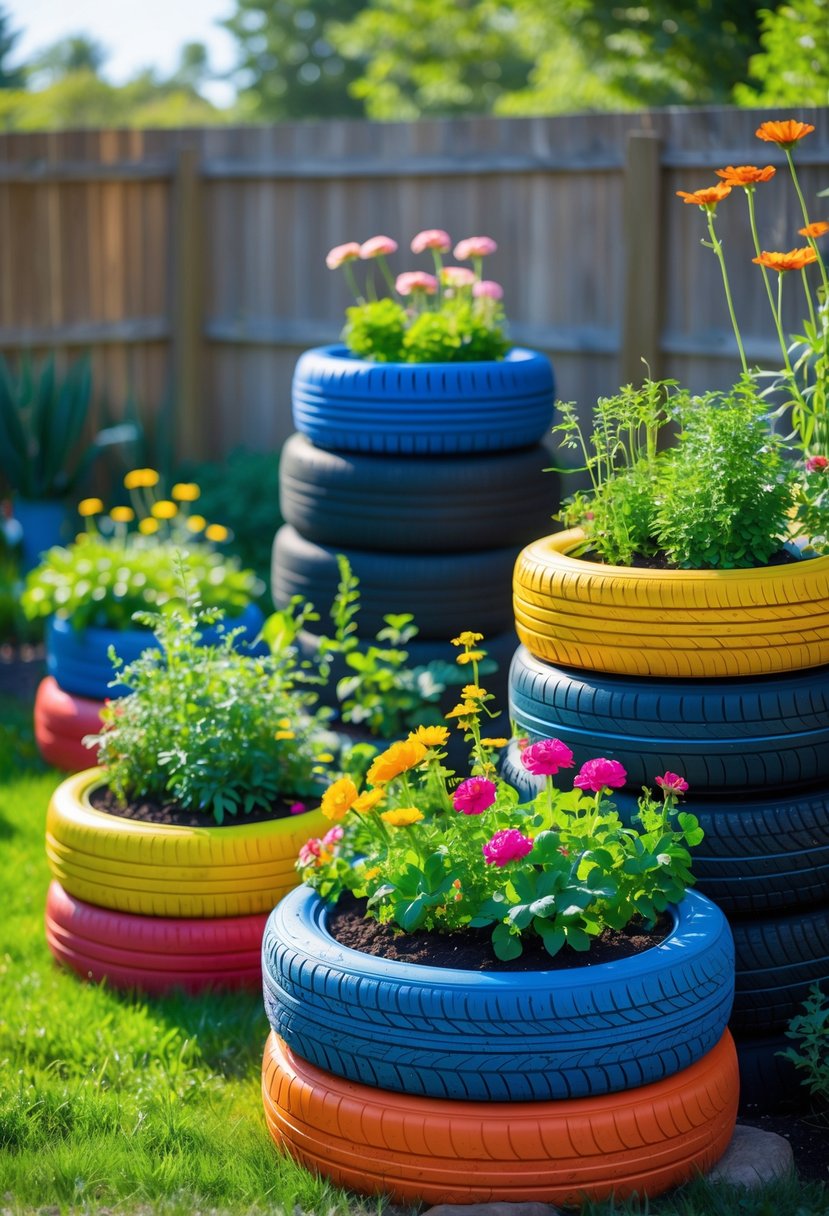 A garden with colorful painted tires used as planters filled with green plants and flowers.