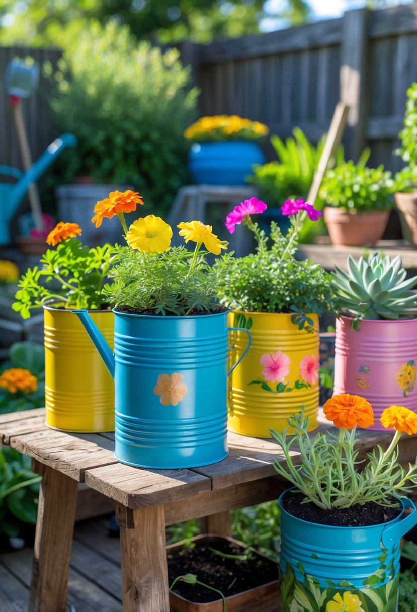 Colorful water cans used as planters filled with flowers and greenery arranged in a sunny garden setting.