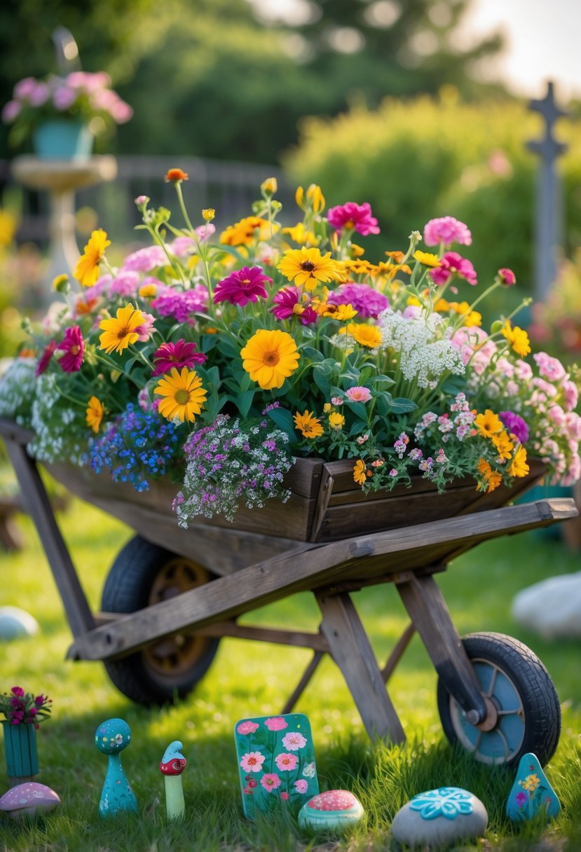 A wooden wheelbarrow filled with colorful seasonal flowers surrounded by small garden decorations in a green garden.