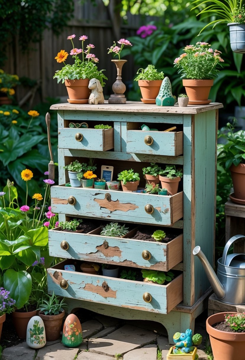 An old wooden chest of drawers used as a garden organizer surrounded by plants, flowers, and gardening tools.