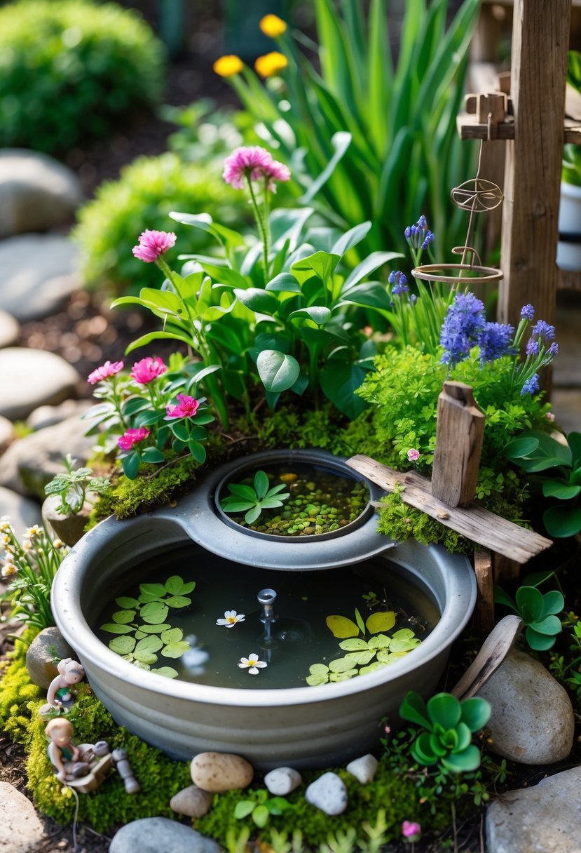 A small garden pond made from a repurposed kitchen sink surrounded by plants, flowers, and garden decorations.