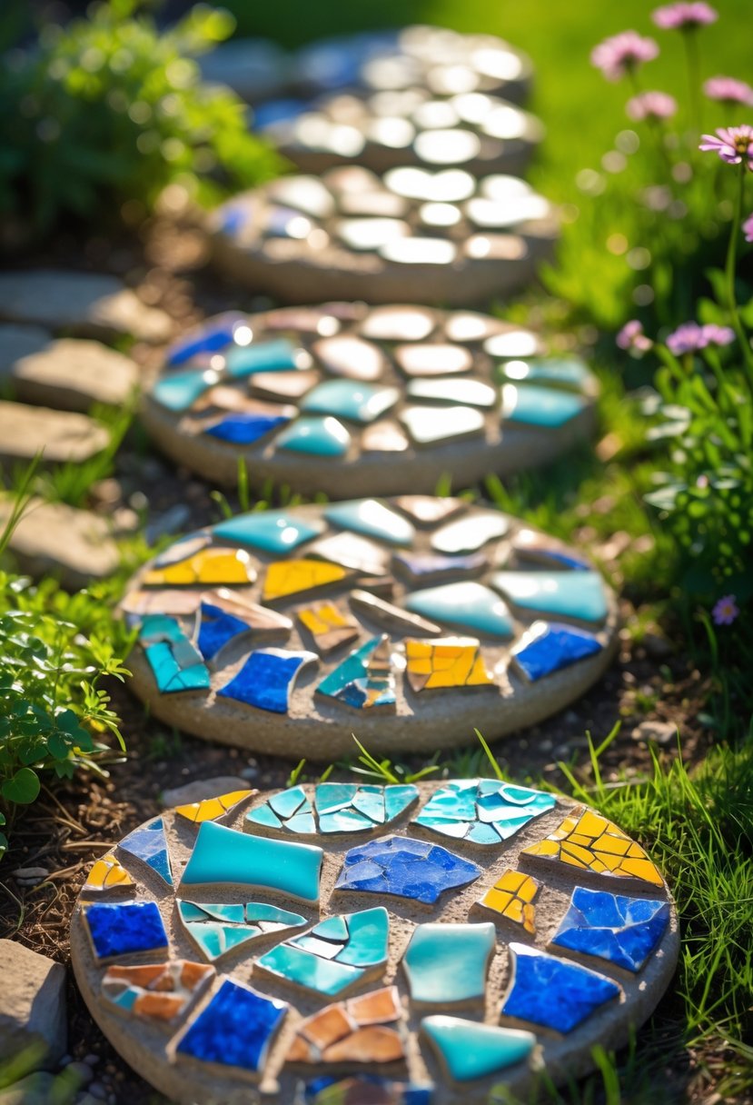 A garden pathway with stepping stones made from colorful broken pottery mosaic pieces surrounded by grass and plants.