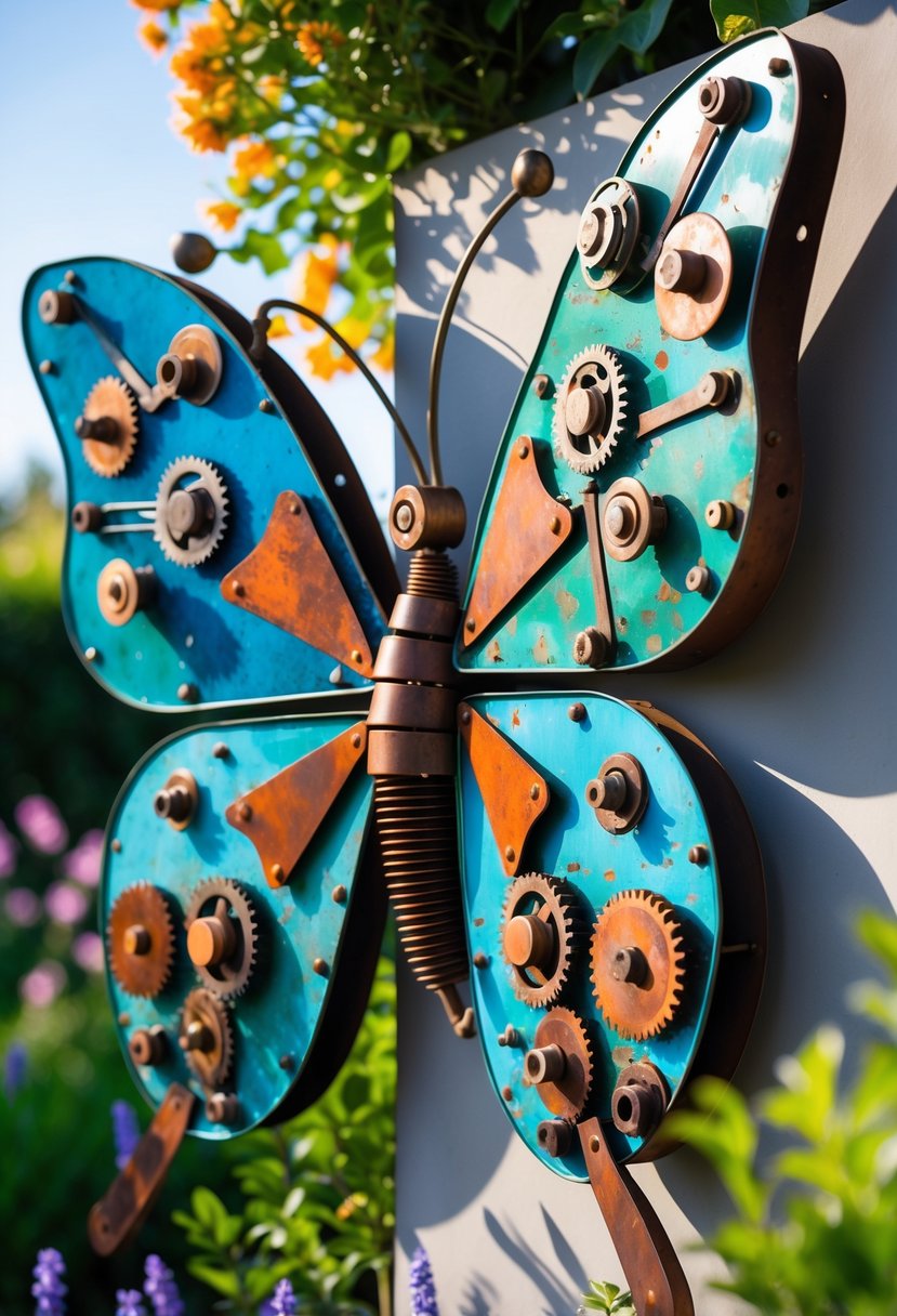 A colorful butterfly sculpture made from scrap metal mounted on a garden wall surrounded by flowers and greenery.