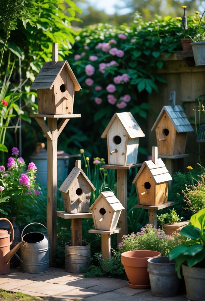 Several birdhouses made from reclaimed wood displayed in a garden surrounded by plants and flowers.