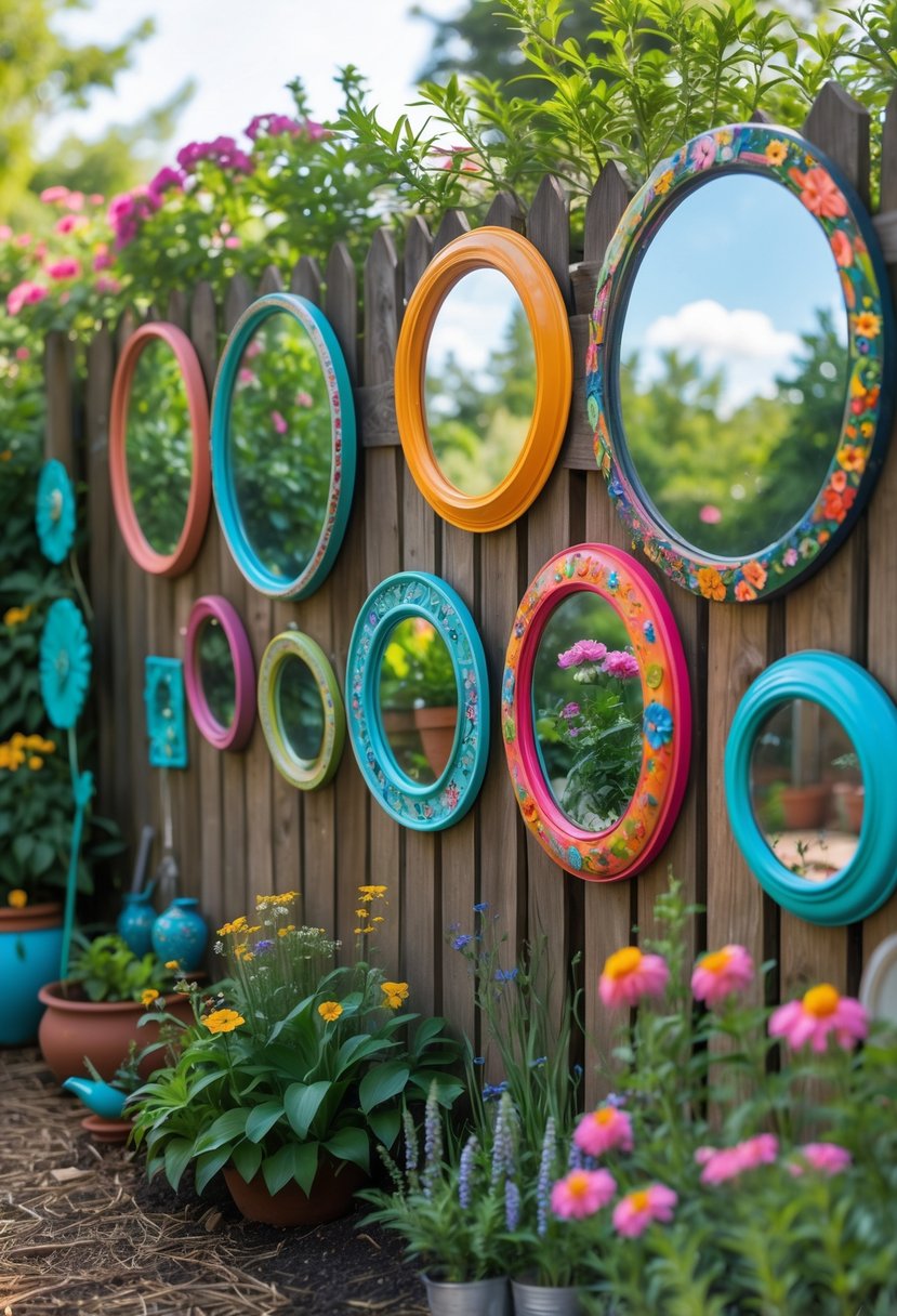 A garden fence decorated with colorful painted mirrors surrounded by flowers and plants.