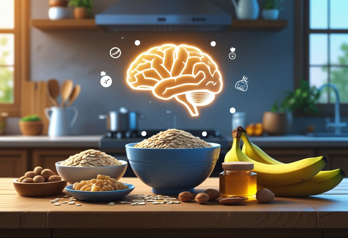 Cena de cozinha com alimentos comuns e baratos como aveia, bananas e nozes sobre a bancada, com um ícone de cérebro brilhando ao fundo simbolizando proteção da memória.