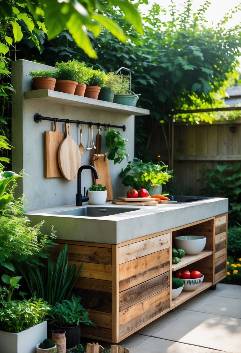 Outdoor garden kitchen countertop made of concrete and reclaimed wood with plants and cooking accessories around it.