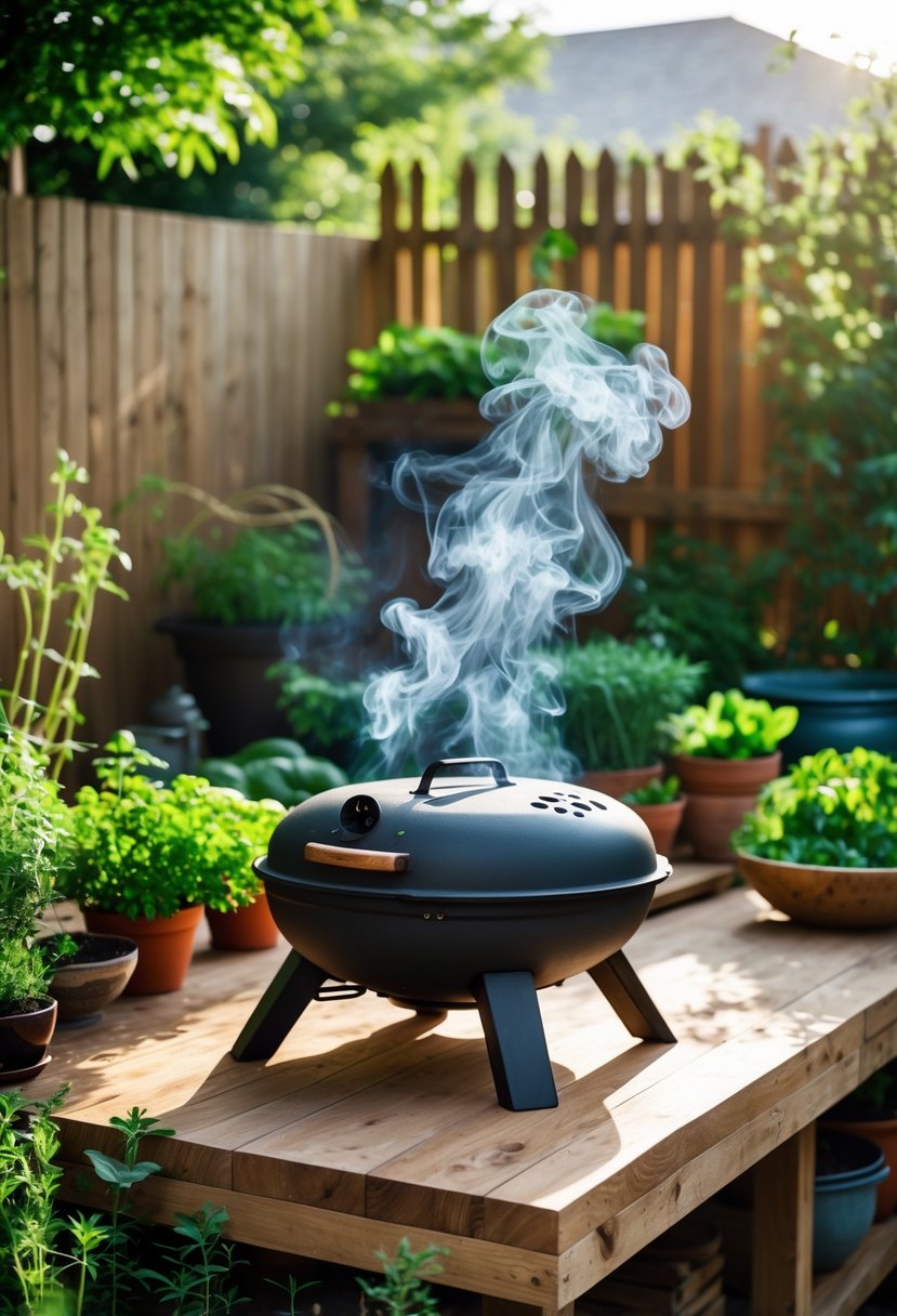 A compact charcoal grill on a wooden countertop in a garden kitchen surrounded by herbs and vegetables with greenery in the background.
