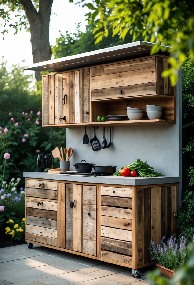 Outdoor kitchen with cabinets made from pallet wood surrounded by garden plants and greenery.