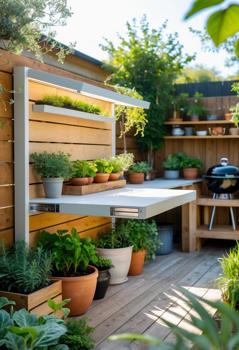 Outdoor garden kitchen with a fold-down counter space surrounded by plants and kitchen tools.