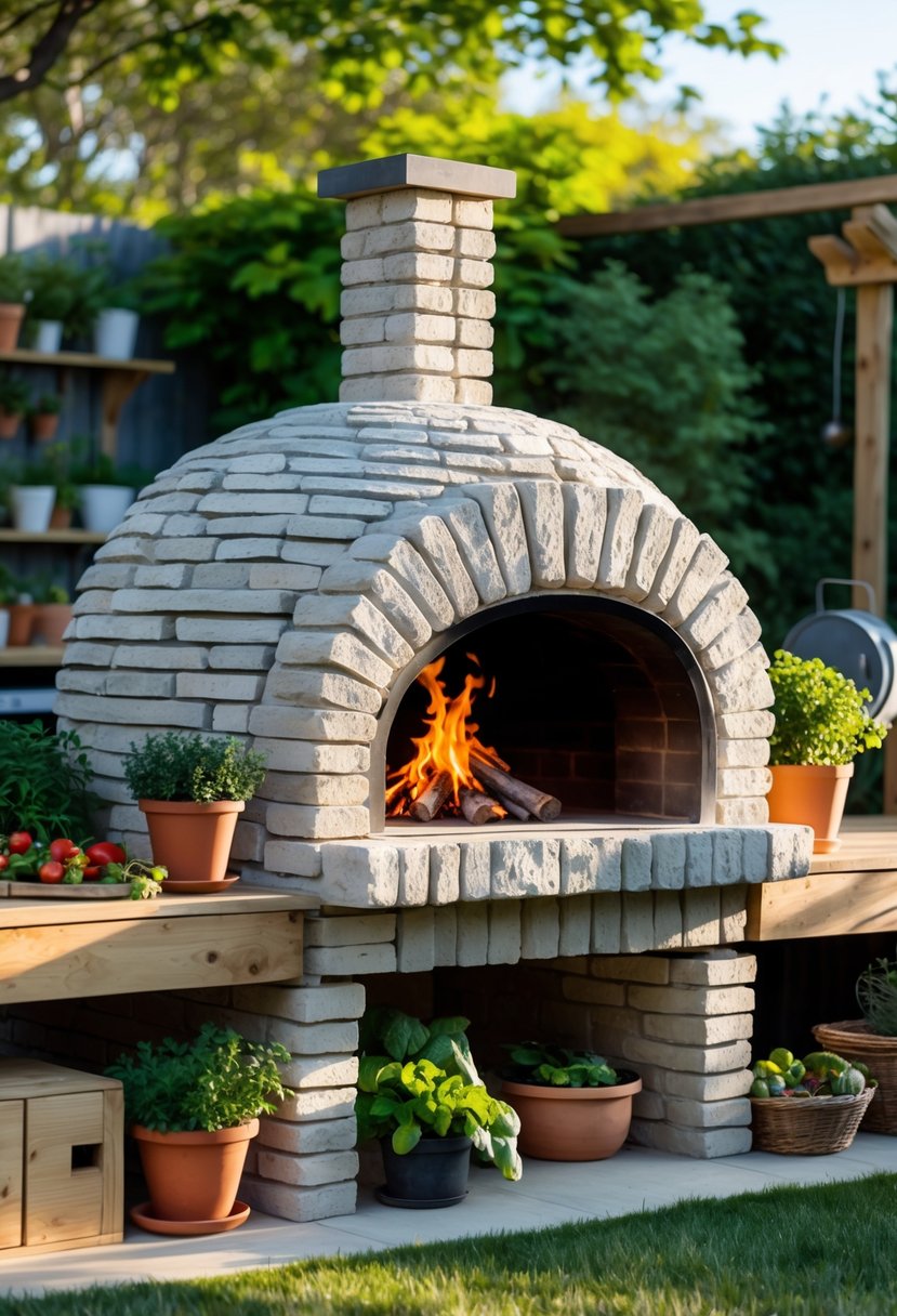 A stone pizza oven made from bricks in a garden kitchen surrounded by plants and outdoor cooking elements.