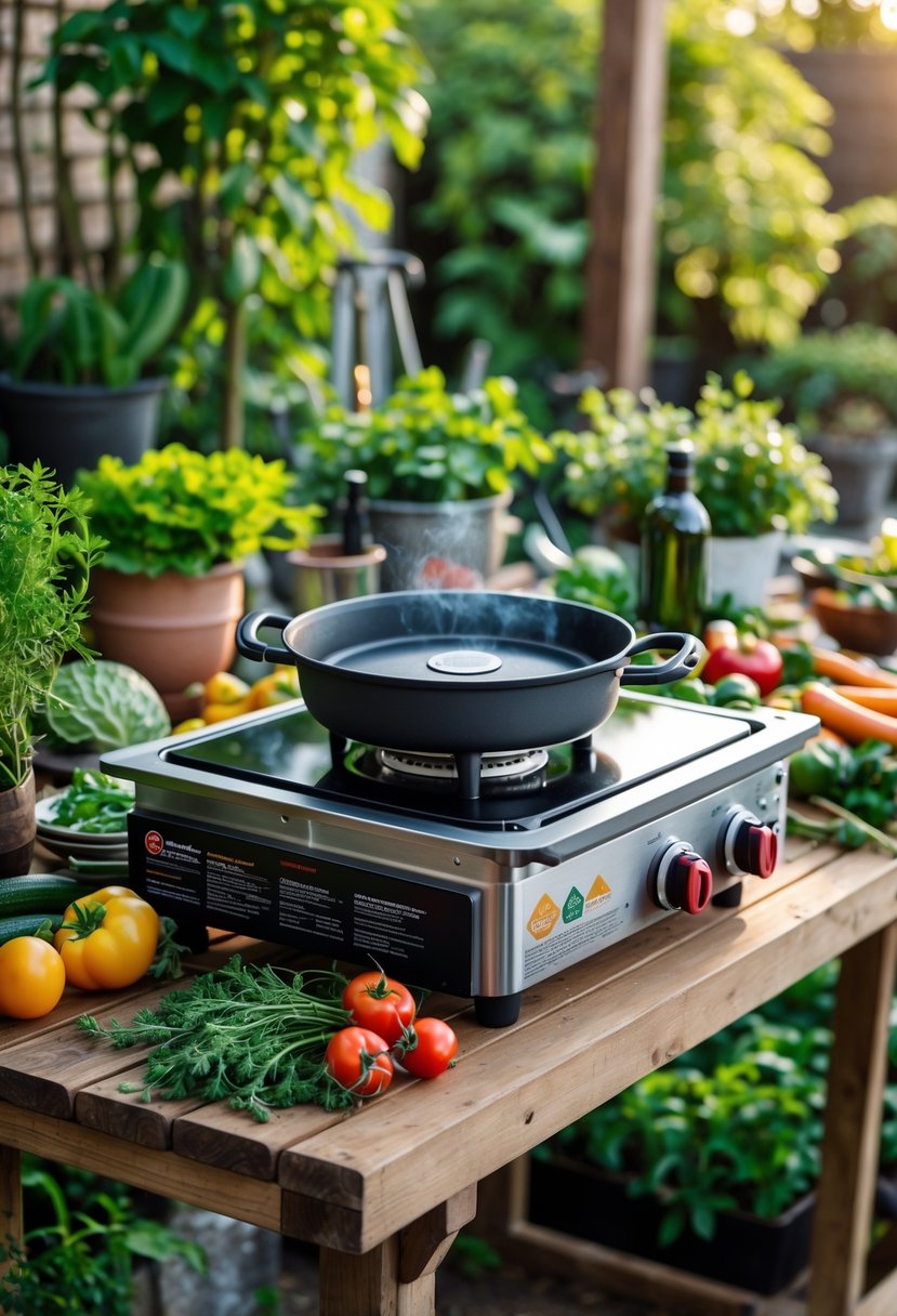A portable propane-powered cooktop on a wooden table surrounded by plants and cooking utensils in a garden.