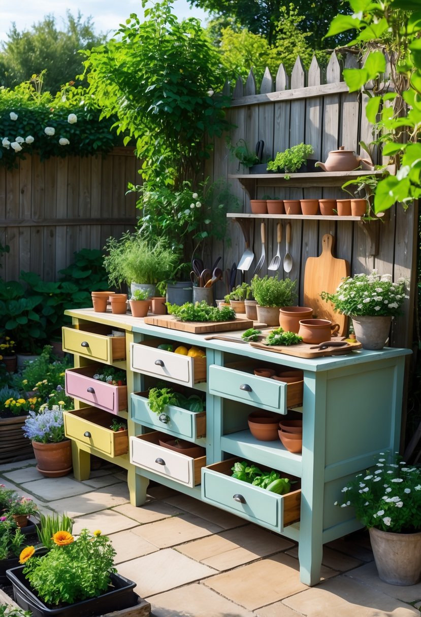 Outdoor garden kitchen area with repurposed wooden dressers used as storage and prep stations surrounded by plants and flowers.
