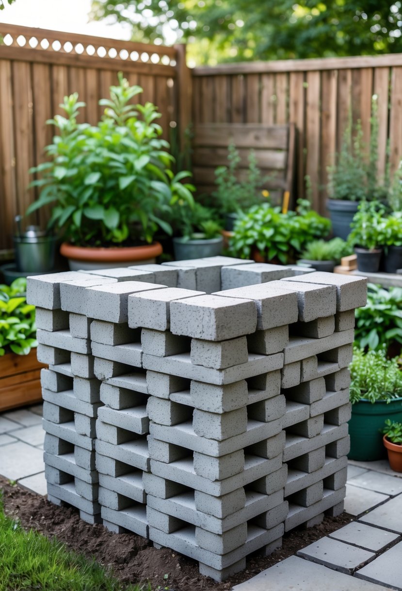 A backyard garden kitchen base made of stacked gray cinder blocks surrounded by plants and garden elements.