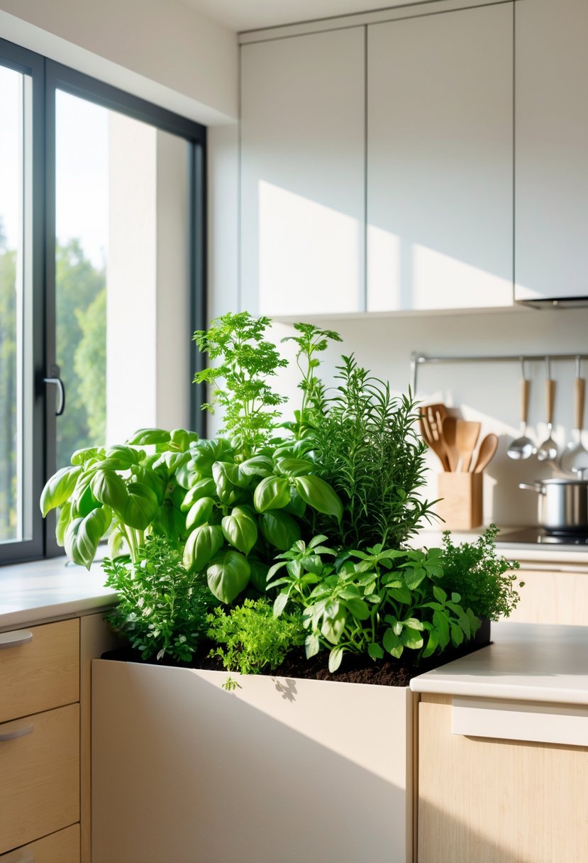 A bright kitchen with an integrated herb garden planter filled with fresh green herbs on the countertop.