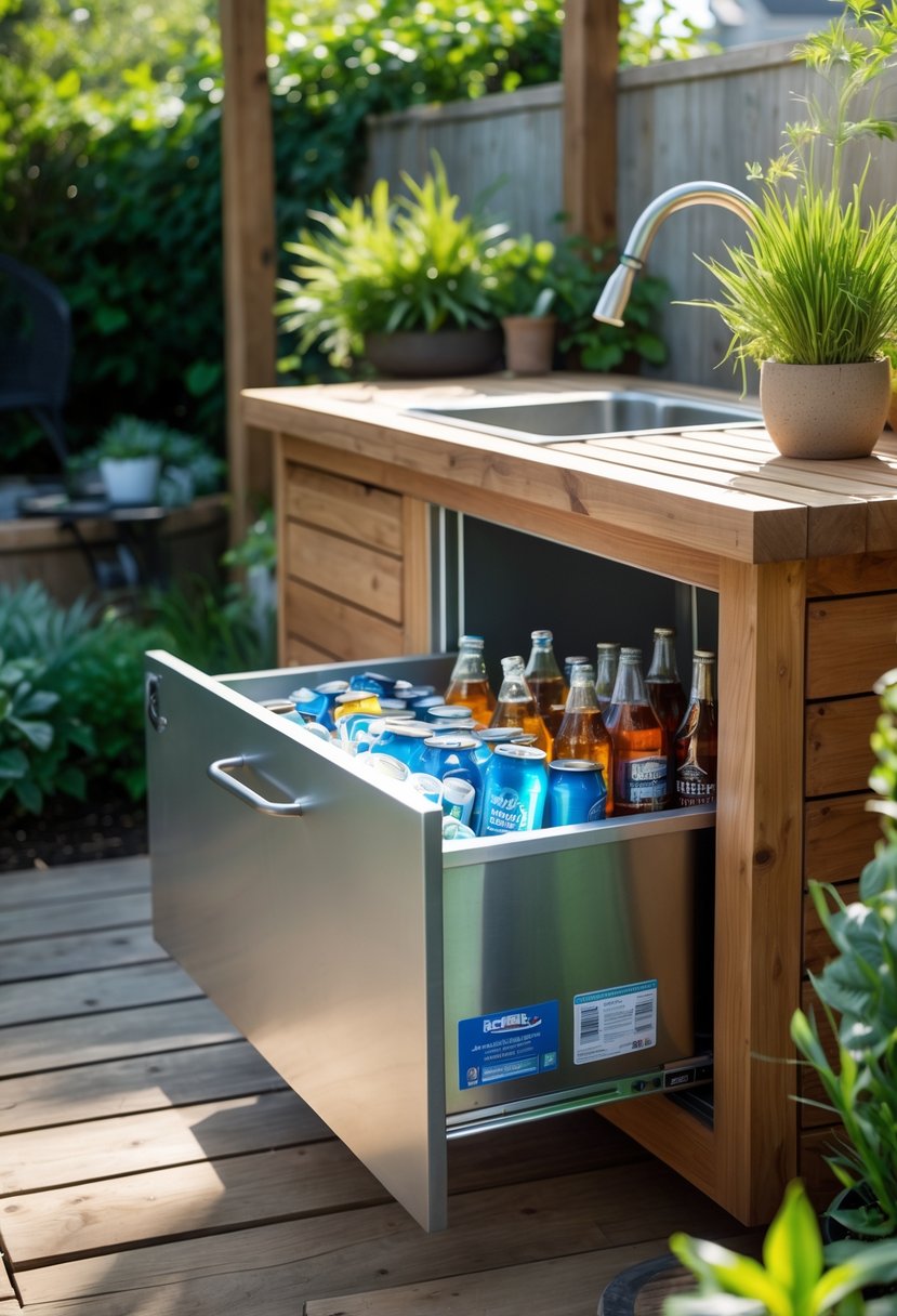 An outdoor garden kitchen with a weather-resistant cooler drawer open, showing chilled beverages inside, surrounded by plants and natural light.