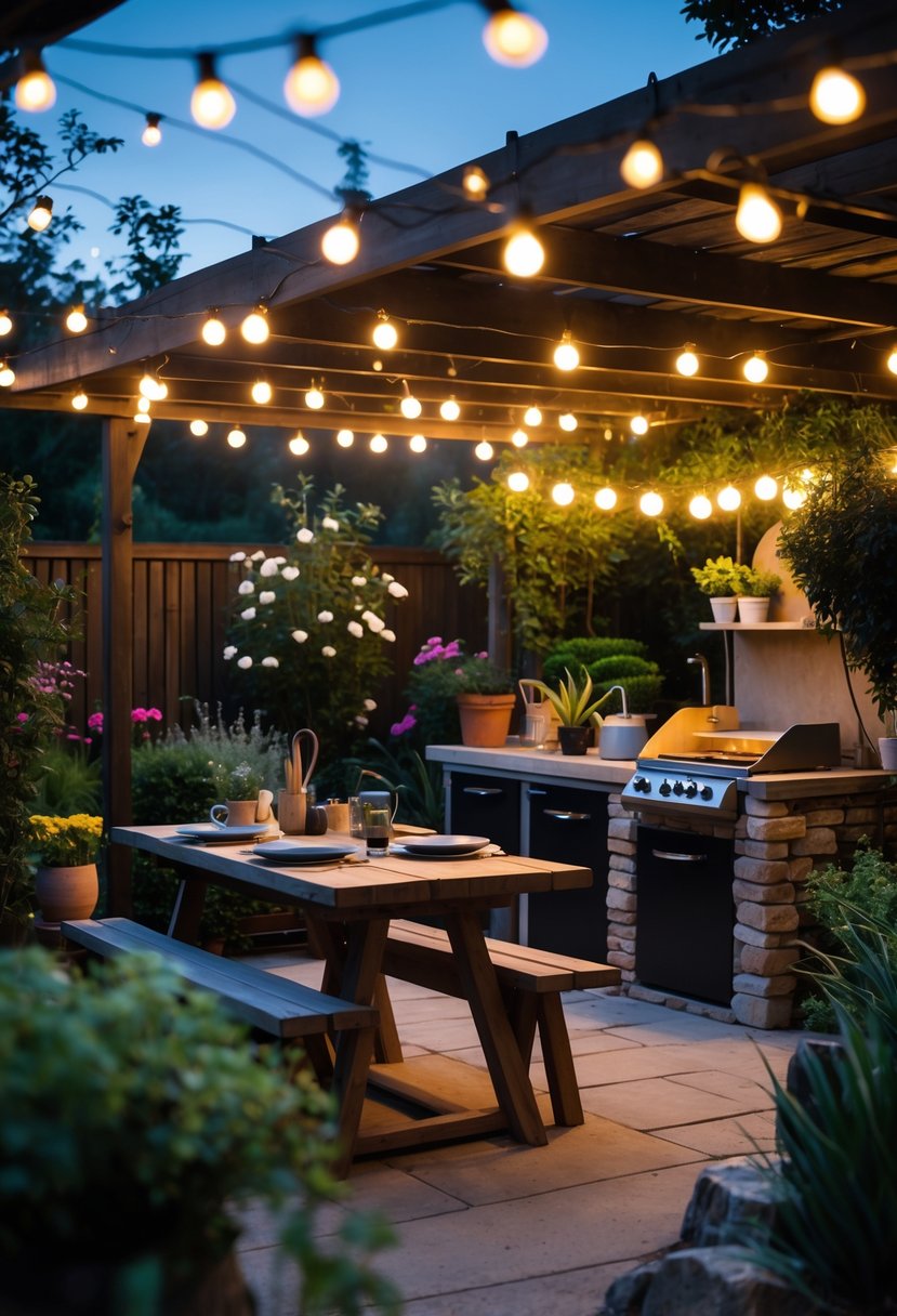 Outdoor garden kitchen with string lights overhead, wooden dining table, plants, and cooking area at dusk.
