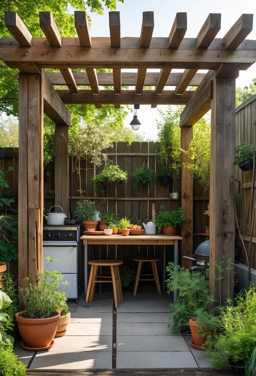 A wooden pergola made from reclaimed wood shading an outdoor garden kitchen with plants and a dining table underneath.