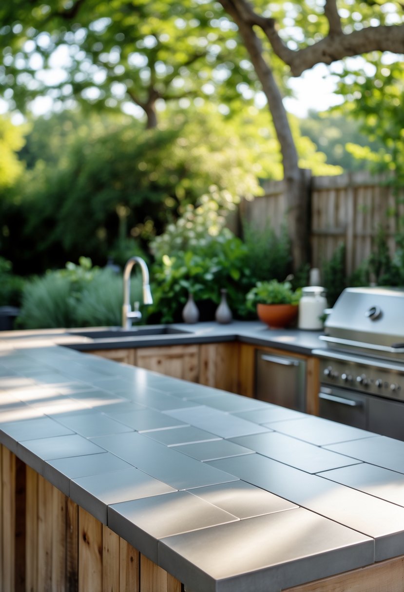 Outdoor garden kitchen with peel-and-stick backsplash tiles on the countertop and surrounding greenery.
