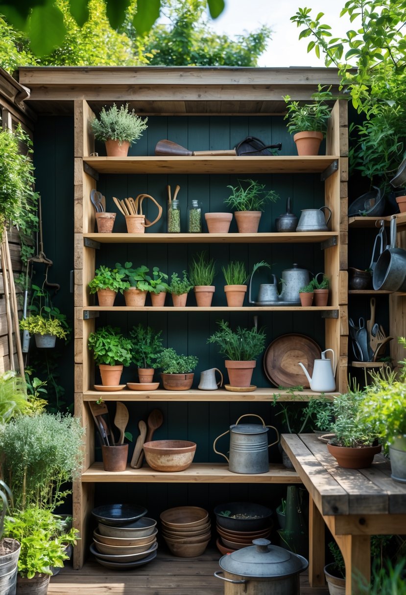 An outdoor garden kitchen with open scrap wood shelves holding gardening tools, potted herbs, and kitchen items surrounded by green plants.