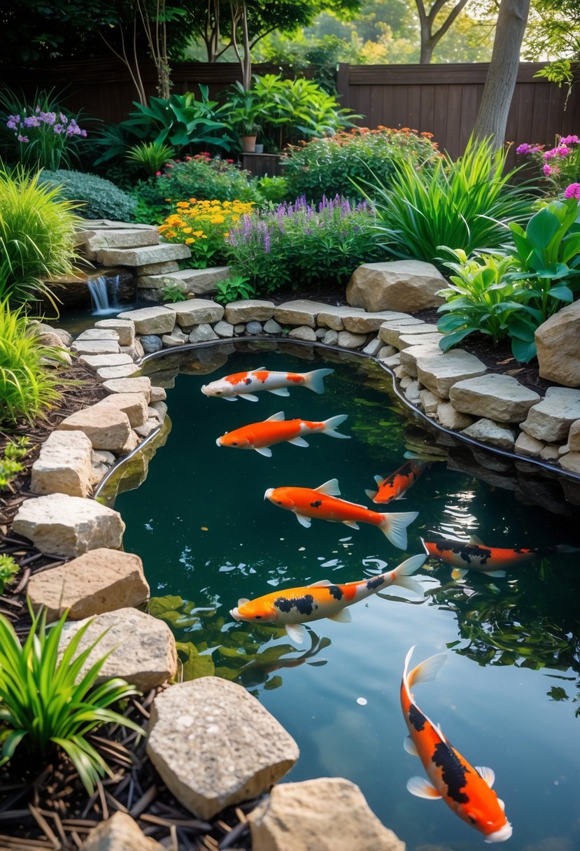 A garden koi pond with natural stone edging, surrounded by plants and colorful flowers, with koi fish swimming in clear water.