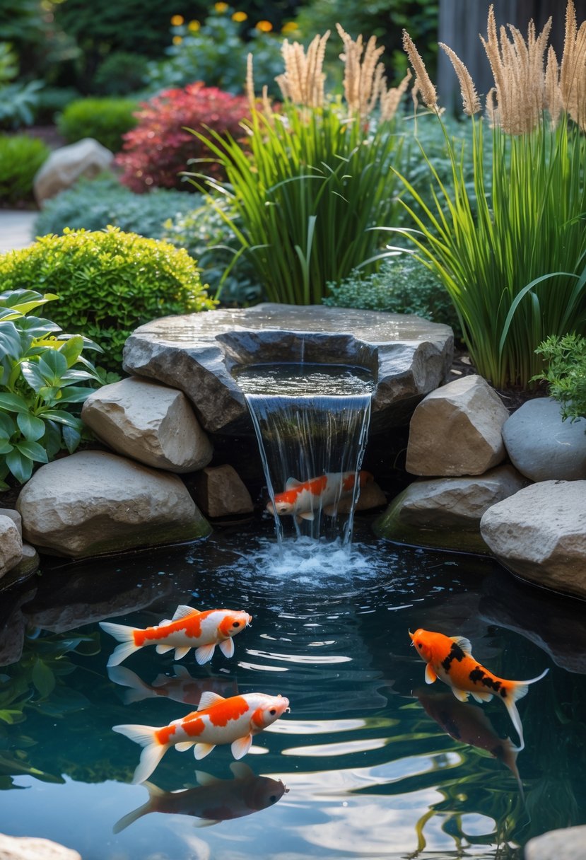 A garden koi pond with a small waterfall, surrounded by plants and colorful koi fish swimming in clear water.