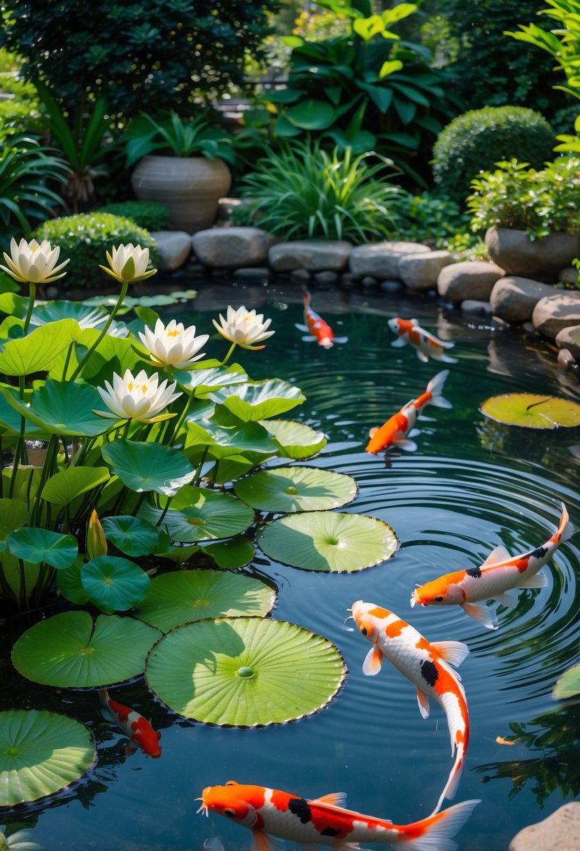 A peaceful garden koi pond with water lilies floating on the water and colorful koi fish swimming beneath.